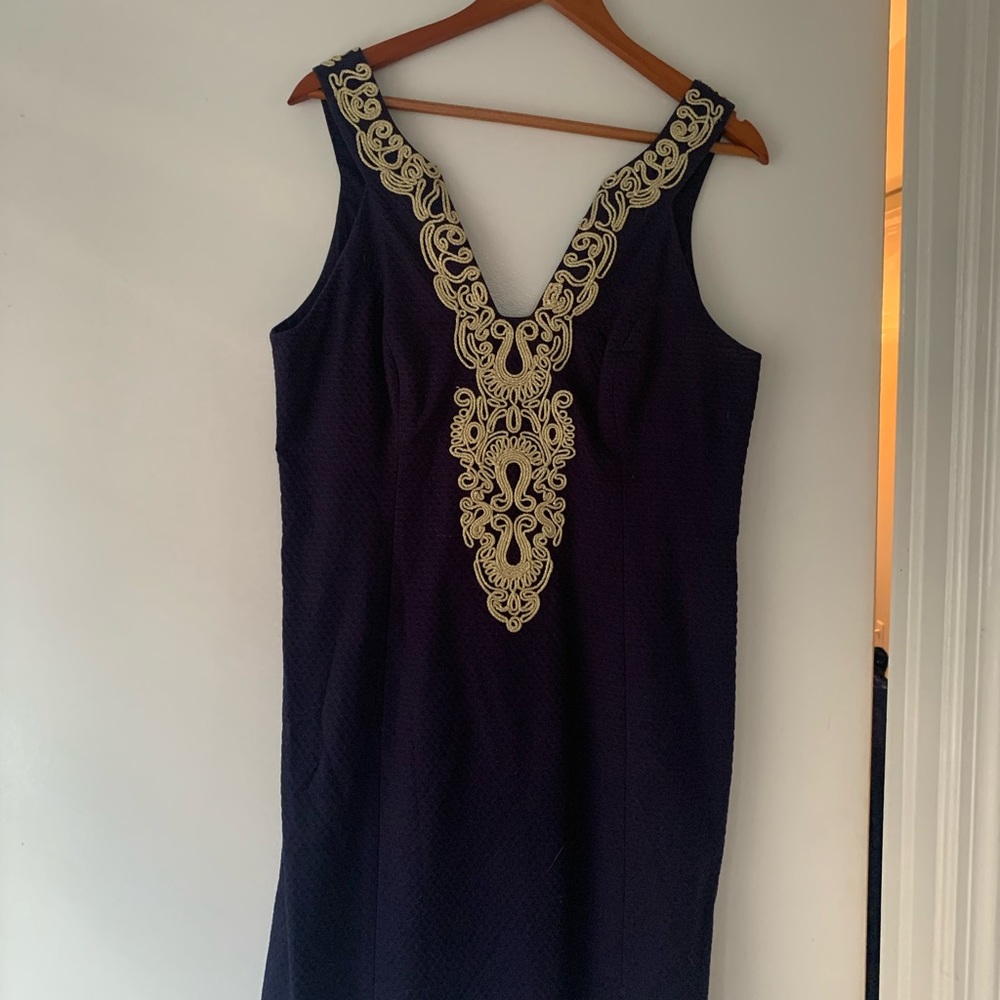 Lily Pulitzer navy blue gold trim sheath dress